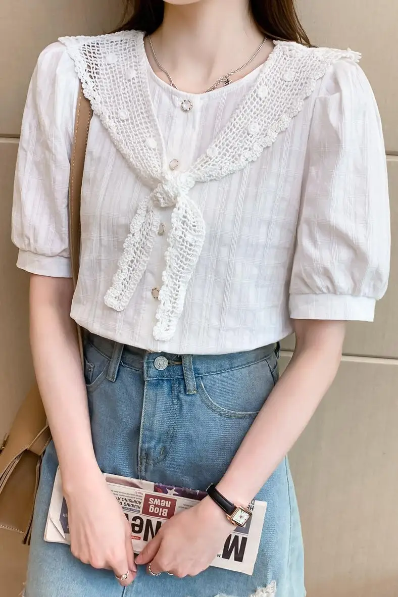 

COIGARSAM Fashion Shirt Womens tops New Summer Women shirts White Blue 8283