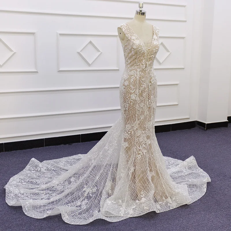 2020 bridal gown shiny sequins lace V neck champagne deep back with zipper custom made wedding dresses 19001 | Свадьбы и торжества