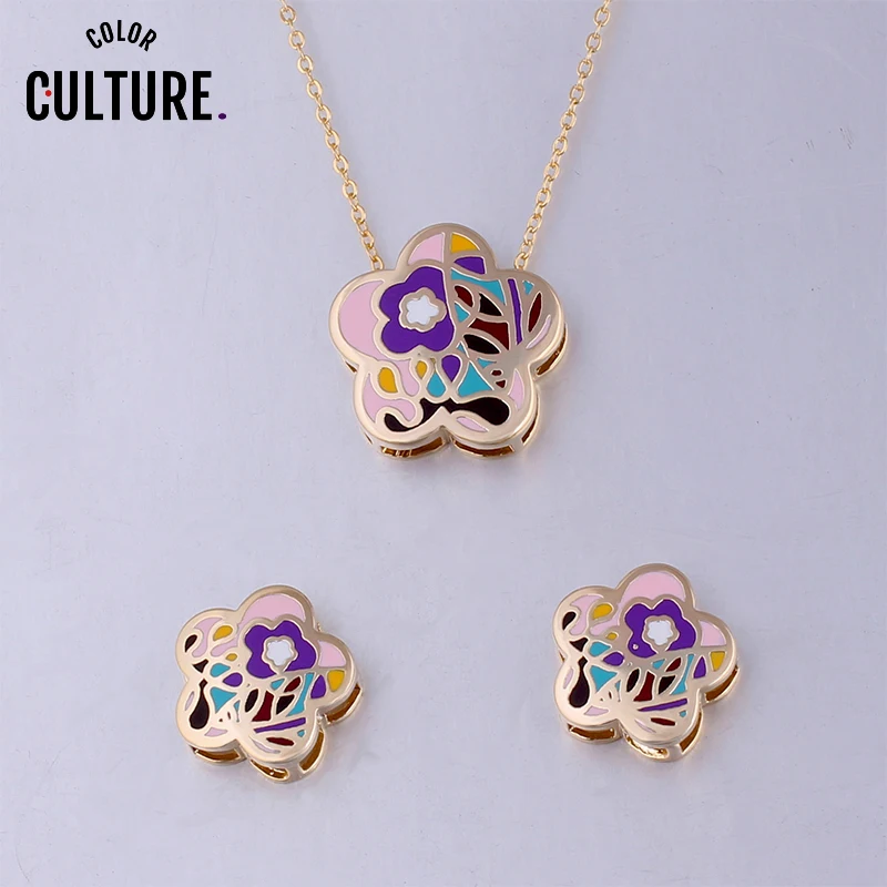 

Vintage Costume Jewelry Flower Necklace Women Gold-color Square Pattern Jewelry Set