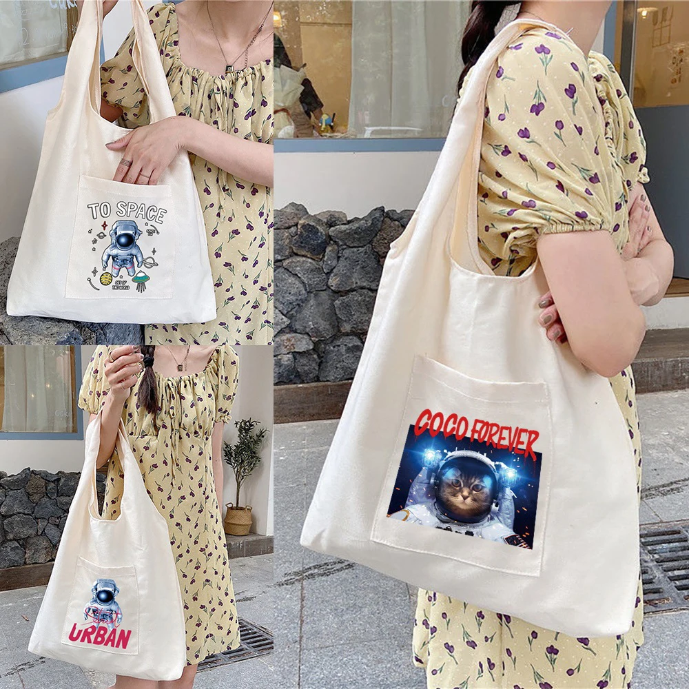 

Women‘s Shopper Shopping Bags Female Canvas Commuter School Vest Bag Cotton Cloth Astronaut Series Grocery Handbags Eco Tote Bag