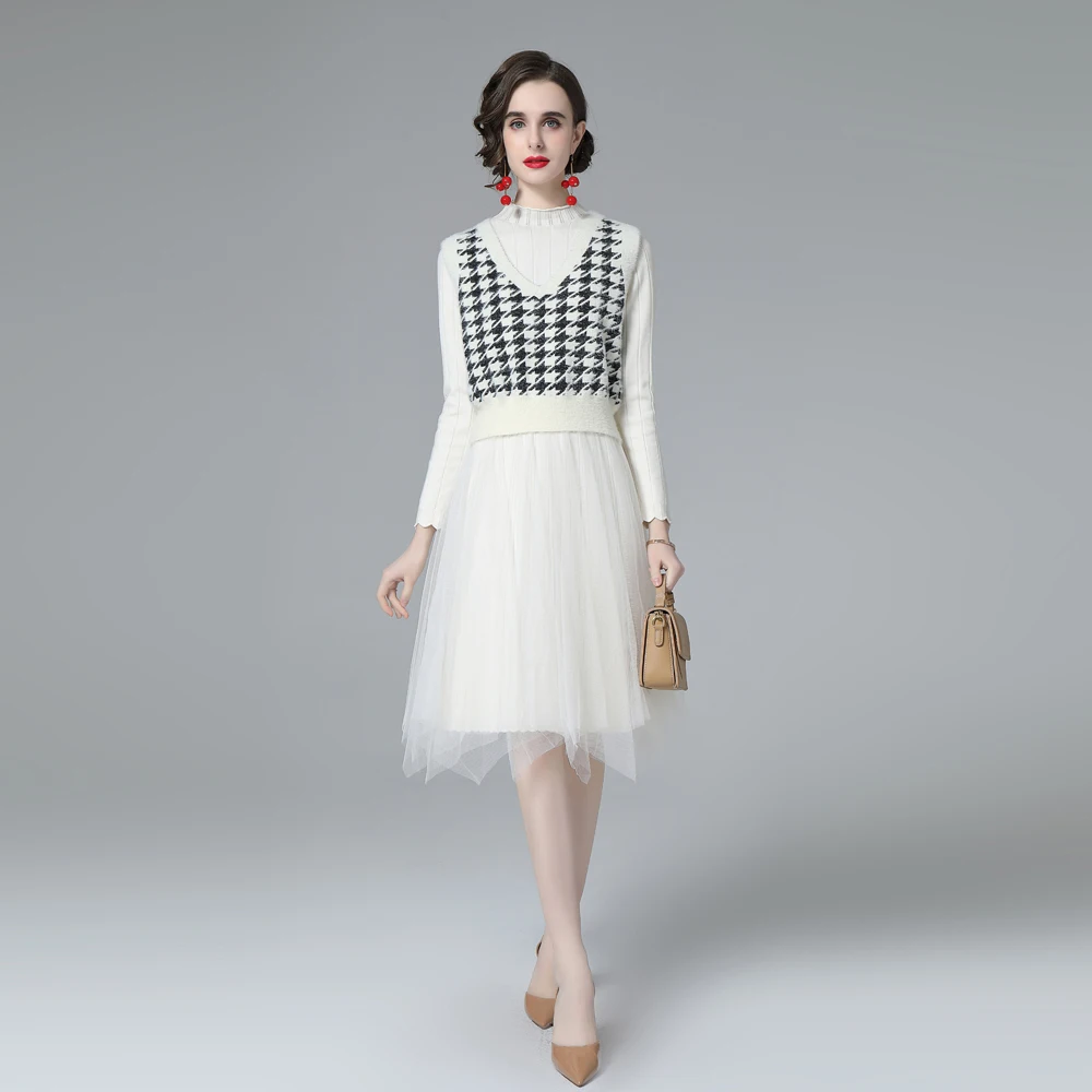 

Matching Sets 2022 Spring New Vestidos Gentle Soft Knitted Vest And Mesh Patchwork Sweater Dress Two Piece Suits