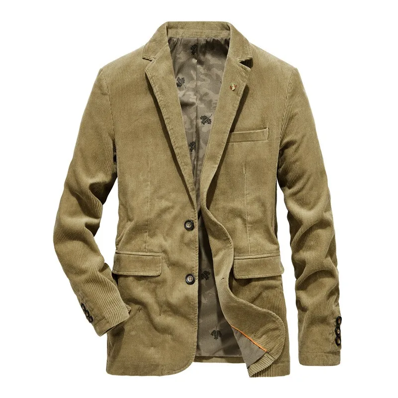

2021 Autumn Mens Jacket Long Sleeve Slim Fit Single Breasted Suit Office Vintage Business Casual Corduroy Blazer Men Tops Coats