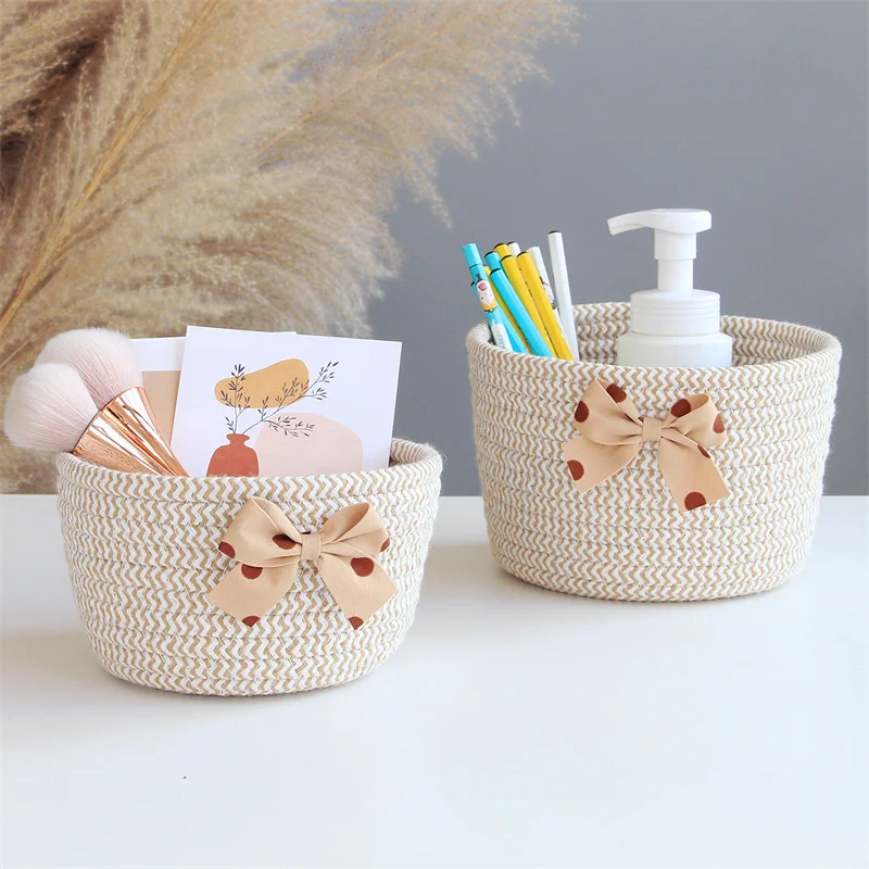 

Bowknot Cotton Rope Storage Basket Weaving Nordic Sundries Baby Toys Dirty Clothes Finishing Baskets Desktop Small Organizer Box