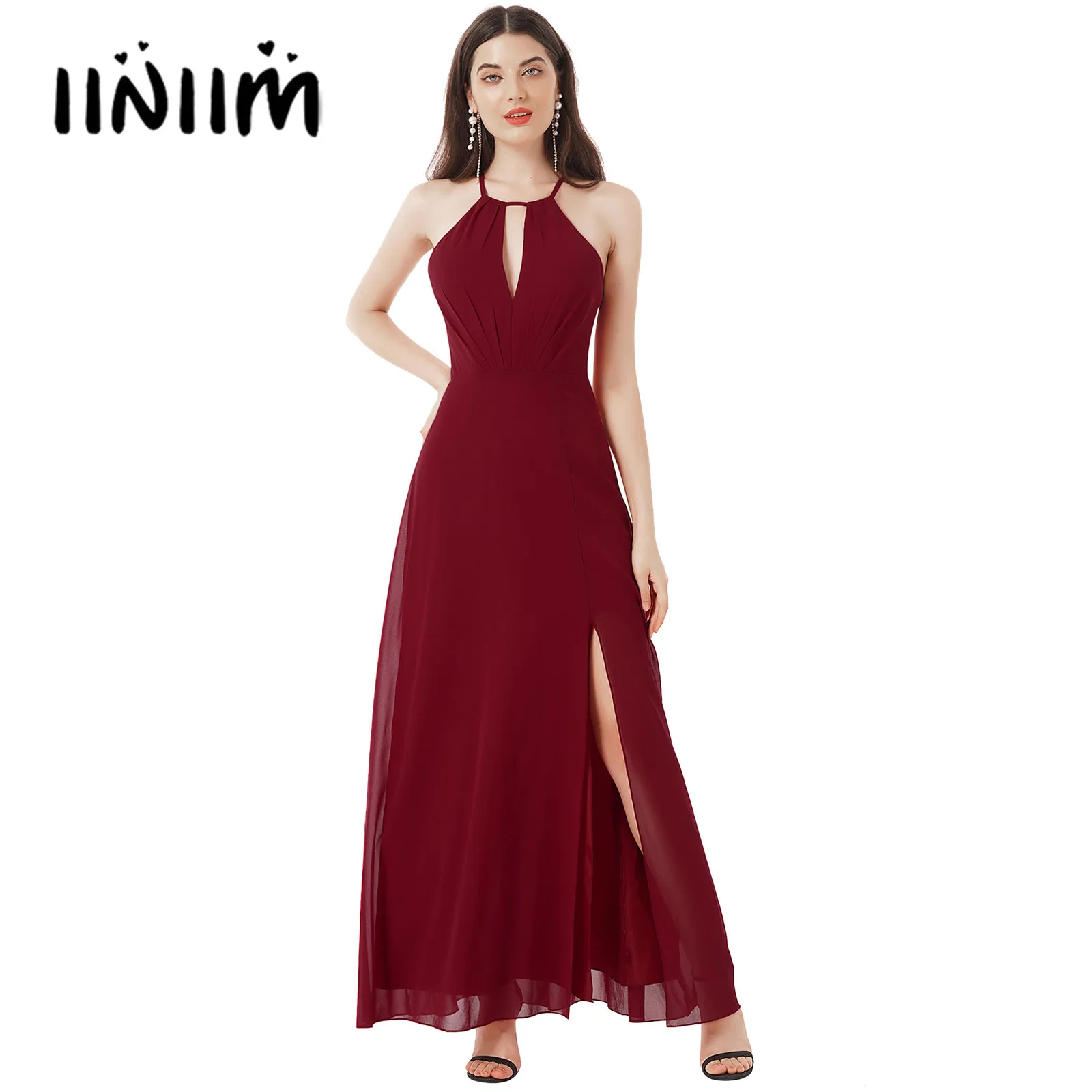 

Женское шифоновое платье-макси с лямкой на шее и открытой спиной