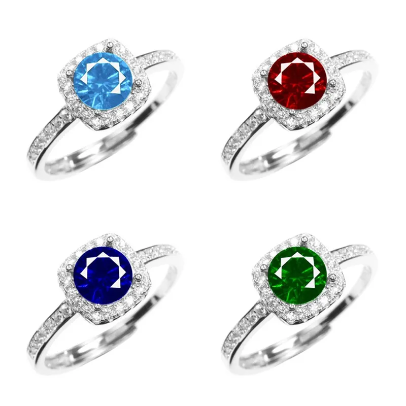 

925 sterling silver women ring round created gemstone synthetic ruby sapphire emerald aquamarine tourmaline adjustable M11