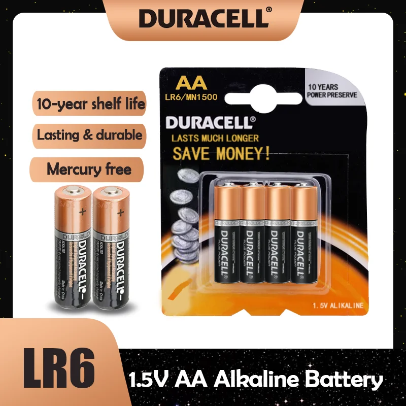 4 шт. оригинальных щелочных батареек Duracell 1,5 В АА LR6 для фонарика, игрушек, часов, MP3-плееров, компьютерных мышей, сухих первичных батареек.
