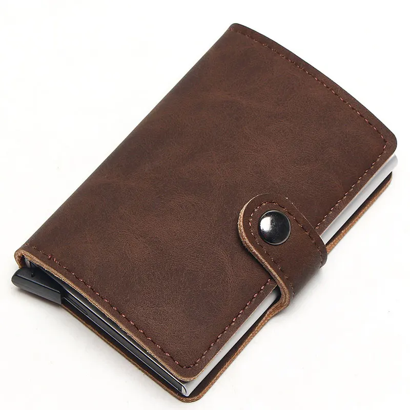 dark brown (buckle) RFID блокировка винтажный автоматический кожаный кредитный держатель для карт для мужчин алюминиевый сплав металл бизнес ID многофункциональный держатель для карт кошелек - Цвет: dark brown (buckle)