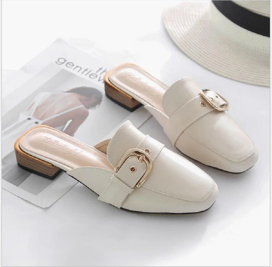 

Flat Shoes Summer Mules Shoes Women Microfiber Female Low Heels Square Toe Slip On Sandalias Women Slipper large size Women's S