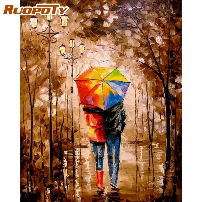 

RUOPOTY Lovers Walk In Rain Scenery Painting By Numbers Kits For Adults Children HandPainted 40x50cm Framed On Canvas Home Arts