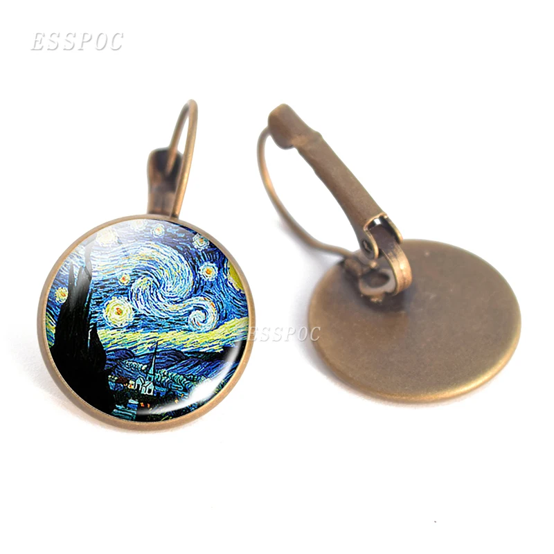 Модные серьги Van Gogh, Франция, серьги-гвоздики, бижутерия со стеклянными кабошонами, звездная ночь, Подсолнух, ушные крючки для женщин, подарок для влюбленных девушек