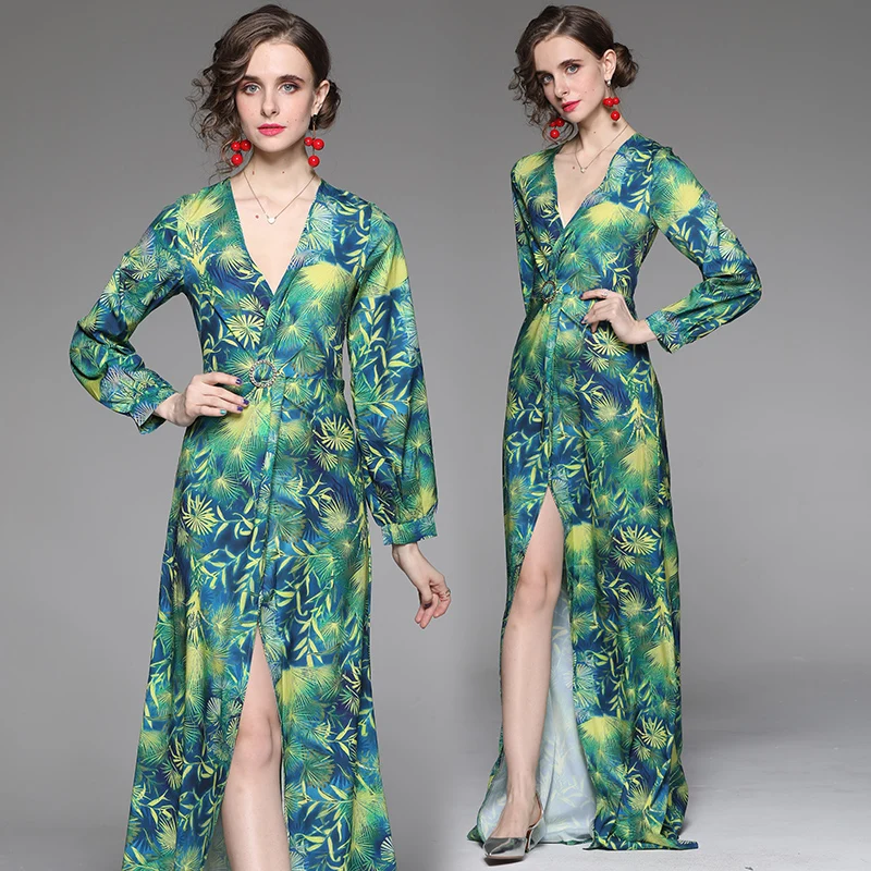 

Женское пляжное платье-макси с длинным рукавом и V-образным вырезом