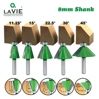 lavie 5pcs set 8mm shank chamfer router bit 11 25 15 22 5 30 45 degree milling cutter for wood woodorking machine tools mc02111