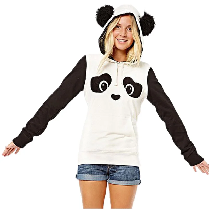 

Hippie Cute Playful Panda Print Fleece Hoodie Women Autumn Winter Fashion Black and White Contrast Color Ladies Sweatershirt