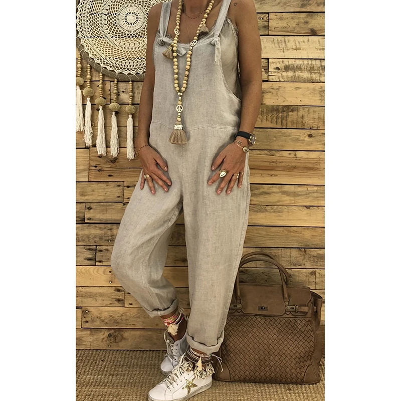

New Vintage Cotton Linen Jumpsuits Casual Women Overalls Wide Leg Pants Vocation Dungarees Long Trousers Female Loose Rompers