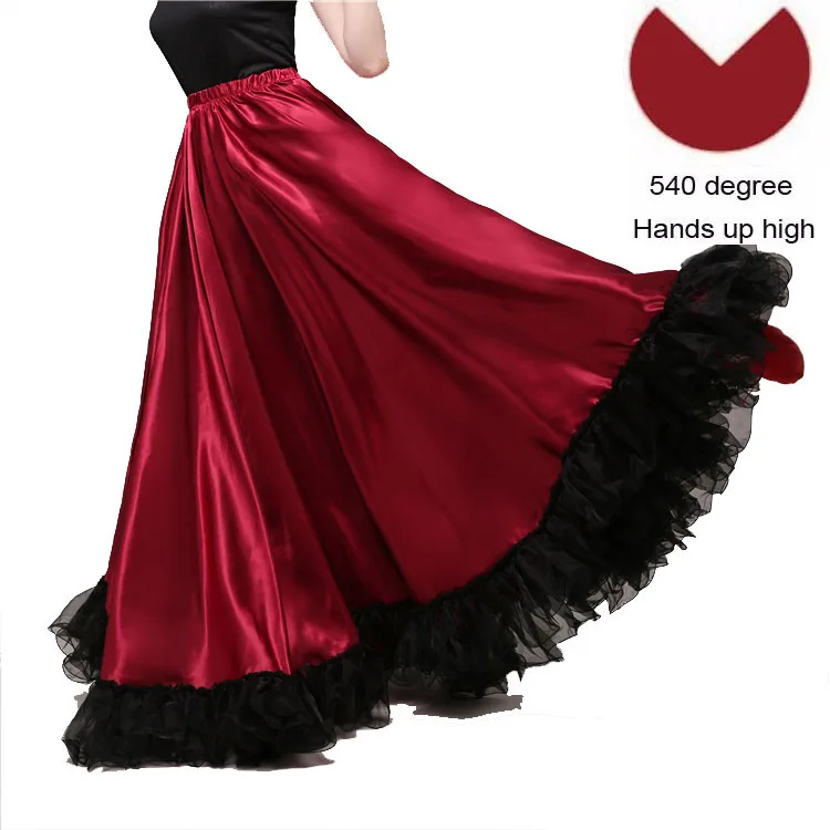 Wine red 540 degree Модная Великолепная Женская юбка для танца живота размера плюс, платье для испанского фламенко, одежда для команды, кружевная атласная одноцветная гладкая юбка - Цвет: Wine red 540 degree