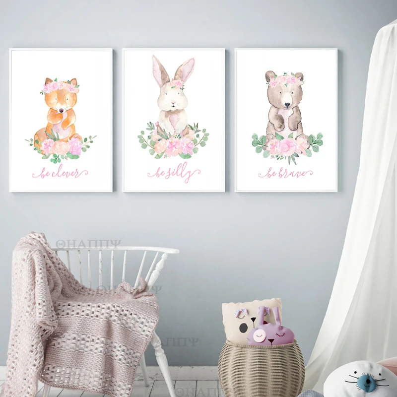 

Baby Nursery Wall Art Canvas Poster Print Cartoon Rabbit Bear Fox Deer Koala Owl Painting Nordic Kids Decoration Picture Unframe