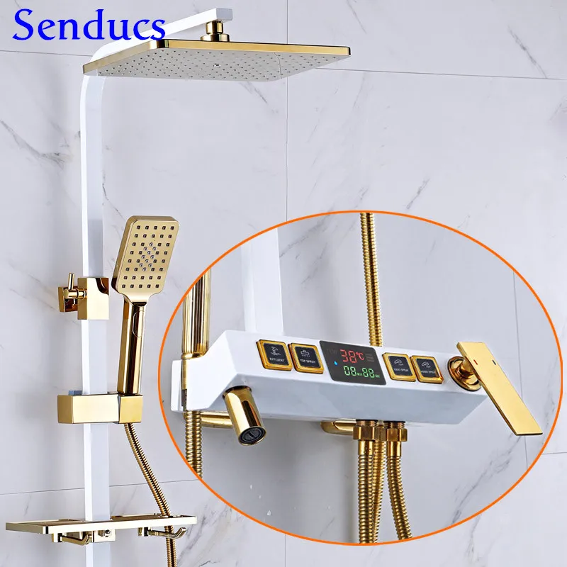 

Digital Shower Set Luxury White Gold Bathroom Shower System Hot Cold Brass Bathtub Faucet 12 Inch Rainfall Spa Bath Shower Head