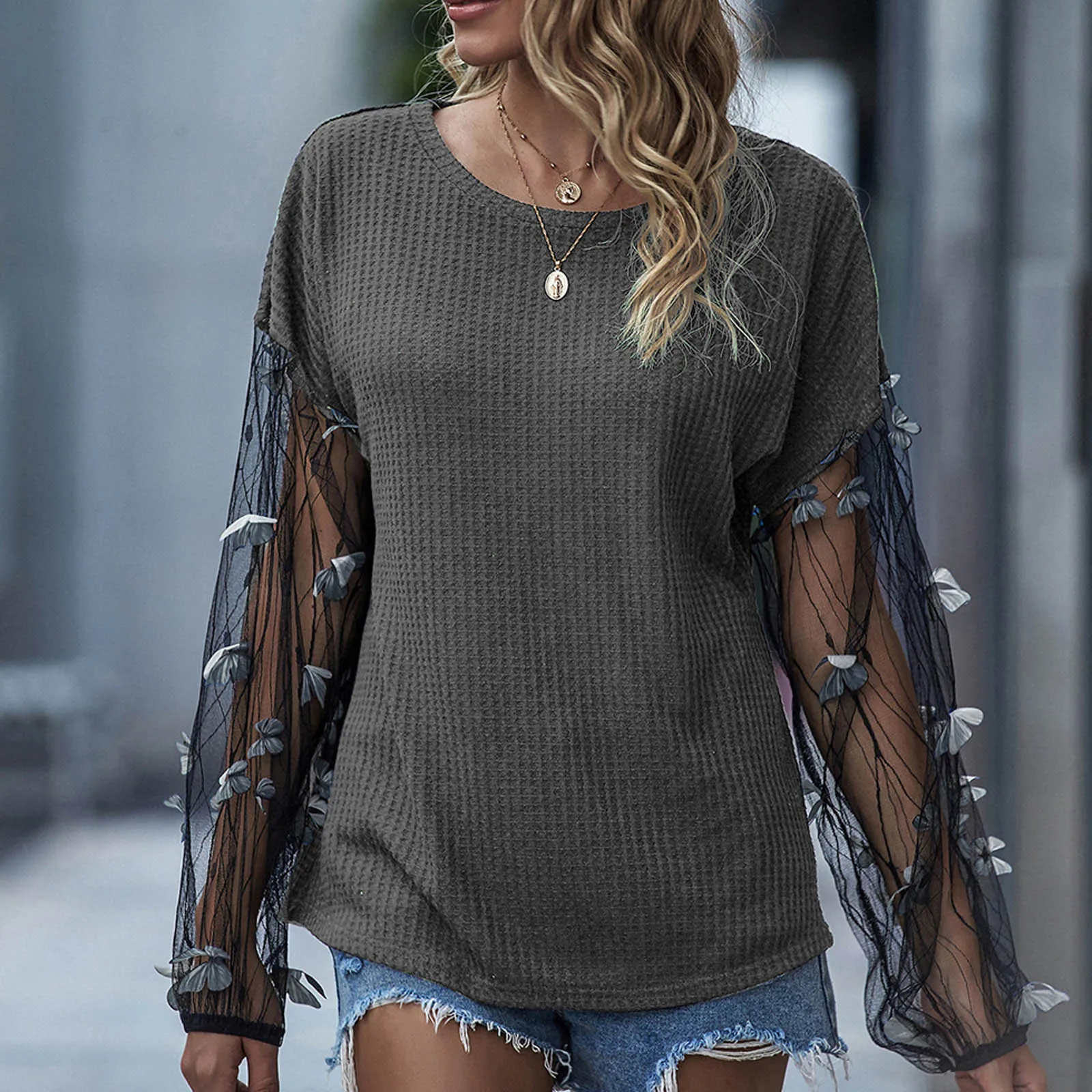 

Fashion Knitted Blouse Shirt Mesh Ptchwork Loose O-Neck Top Casual Autumn Winter Ladies Female Women Long Sleeve Blusas Pullover