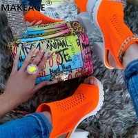 ladies high heel open toe sandals new knitted net top versatile fish mouth shoes european style street thick soles women shoes