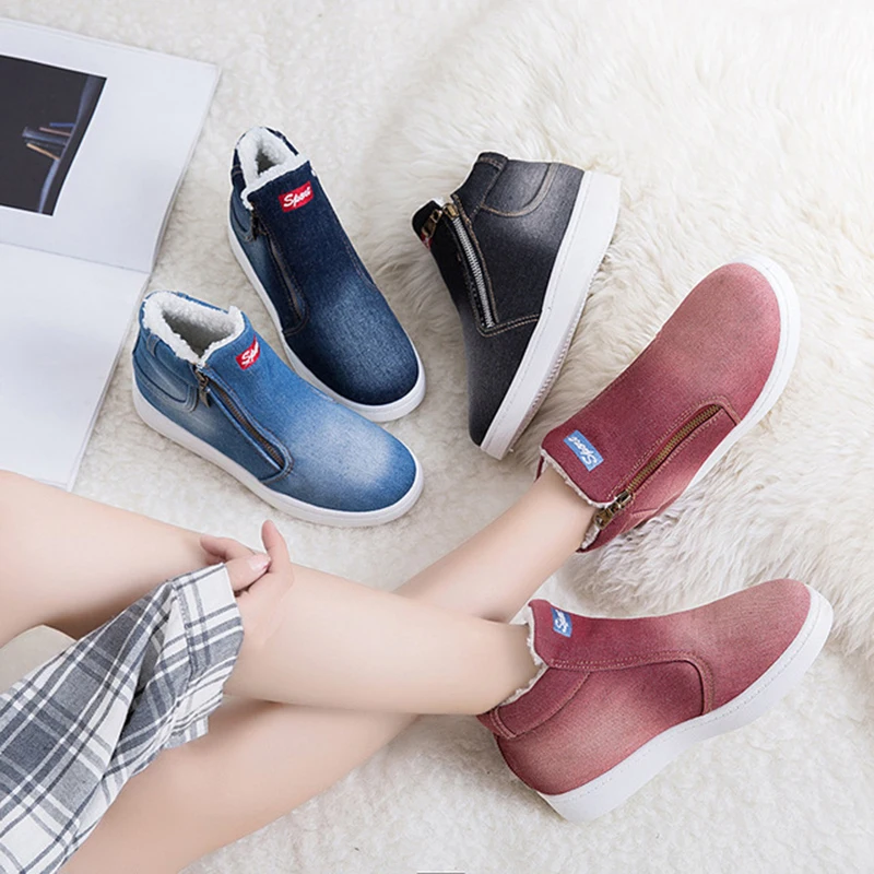 Женская парусиновая обувь зимняя теплая плюшевая на платформе коллекция 2019 года