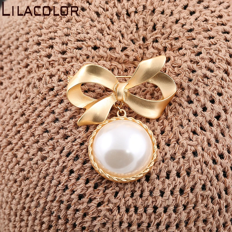 Lilacolor металлические креативные Броши с золотым жемчугом и бантом для женщин