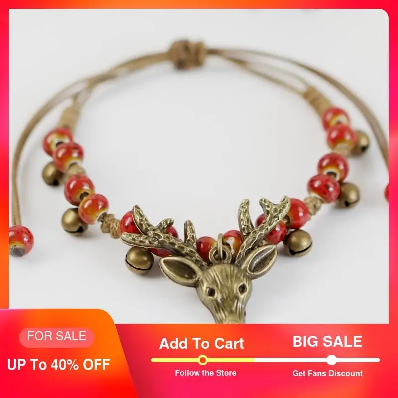 

cute deer head charm bracelets bangles for women ceramic beads copper bell rope chain buckhorn ethnic fashion jewelry 2019