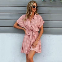 summer 2021 womens bohemian polka dot print pattern casual fashion shirt collar front chest open chest design loose casual dres
