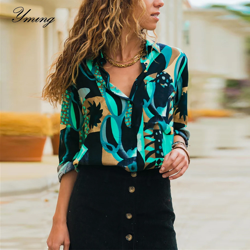 

YMING Boho Print Women Blouse Long Sleeve Ladies Tops Casual Office Shirt Turn Down Collar Tunic Chiffon Blusas Blouses Clothing