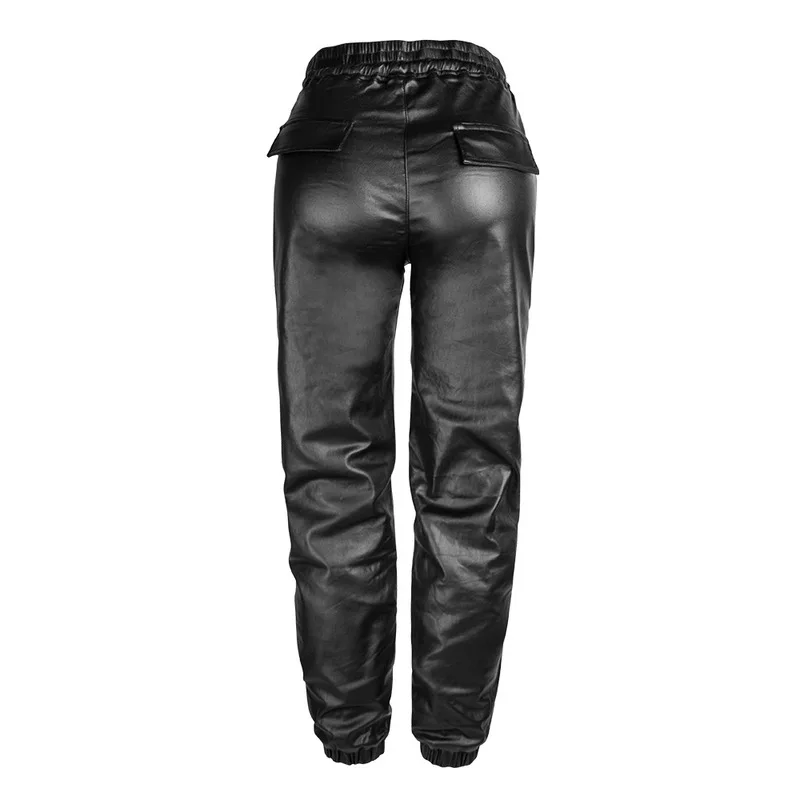 

New tall waist loose wide legged elastic waist panty elastic metal imitation leather bands nine minutes of pants