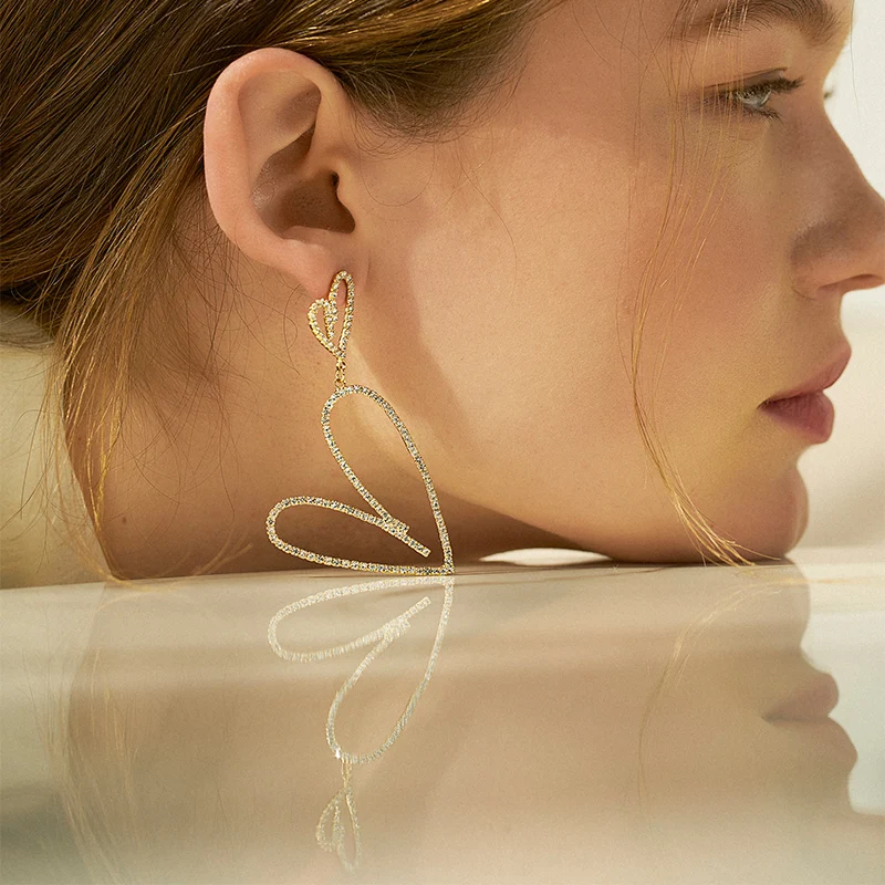 

JIAN Fashion Crystal Double Heart Earrings Cute Long Women Drop Dangle Earrings Jewelry Simple Female Ear Accessories