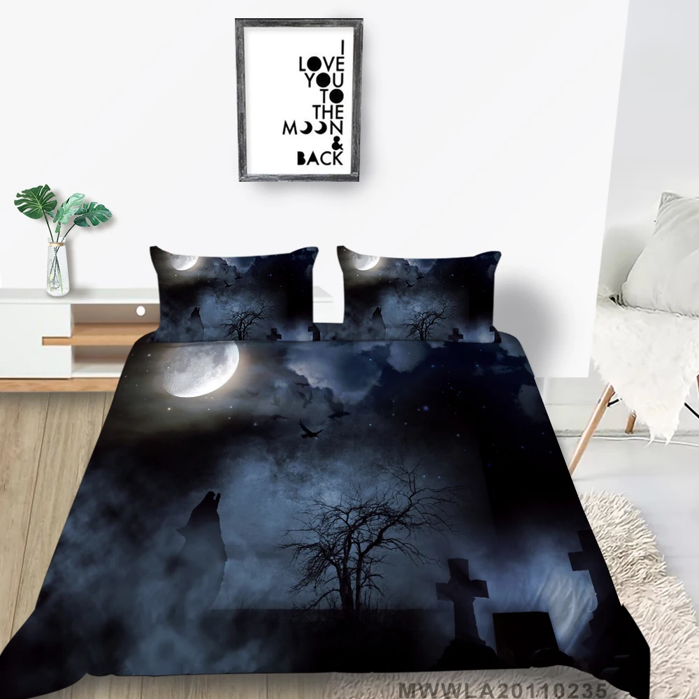 

3D Print Bedding Set Wolf In The Cemetery Scary Duvet Cover Full Moon Night Queen King Twin Full Single Double Bed Set