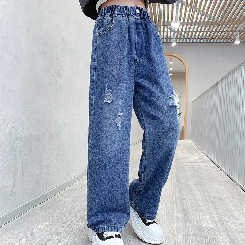Jeans For Girls Solid Wide Leg Pants Kids Ripped Hole Loose Trousers Teen Spring Autumn Kids Girls Clothes 6 8 10 12 14Years Old