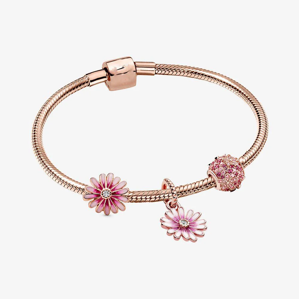 

925 Sterling Silver Original Pan Brilliant Daisy Flower Clasp Snake Bracelet Set for Bead Charm Women Romantic Gift Jewelry