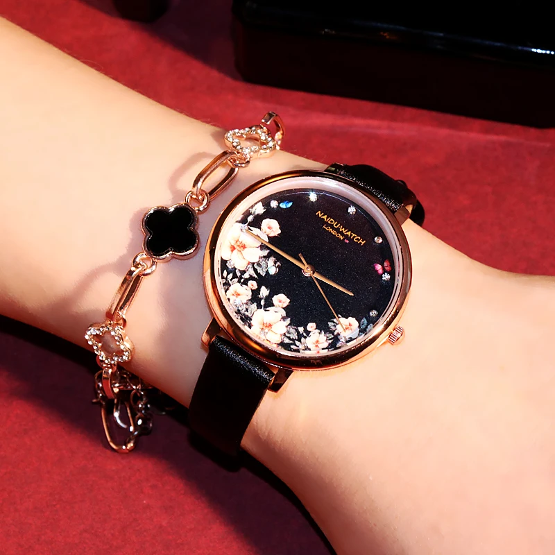 Классический Цветочный ультра тонкий ремешок часы Роскошные женские наручные