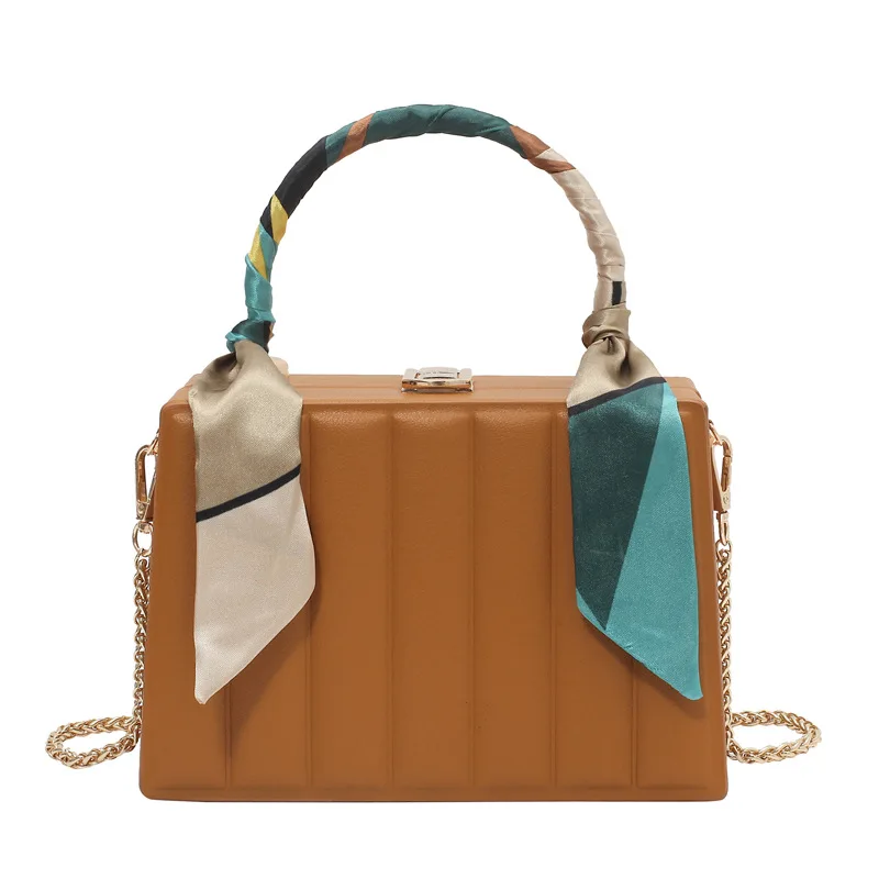 

Retro Style Ladies Box Shape Party Handbag Shoulder Bag With Silk Scarf Purses Pu Leather Female Crossbody Bag For Women 2021