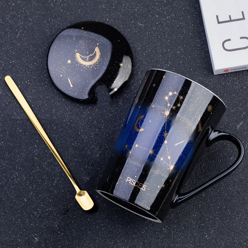 

1pcs Ceramic Mugs 12 Constellations Creative Mugs with Spoon Lid Gold Starry Sky Porcelain Zodiac Milk Coffee Cup Drinkware
