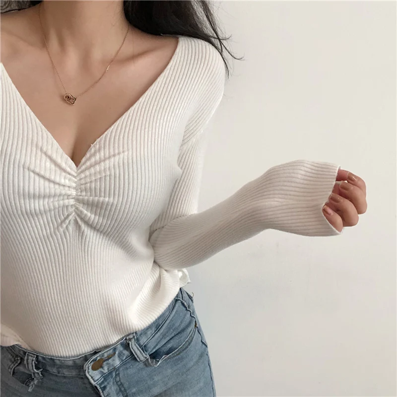 

NEW Sexy V Neck Women Sweater Autumn Knitted Pullover Jumper Chic Soft Korean Slim Long Sleeve Female Basic Top New 2021