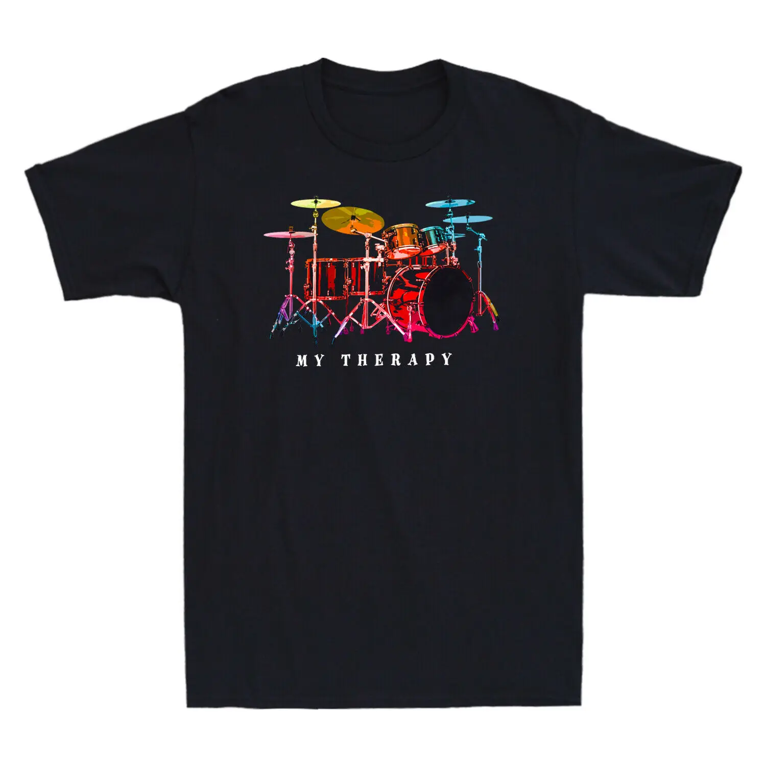

Funny Drumming Drum Set My Therapy Drummer Vintage Men T Shirt Cotton Black Tee