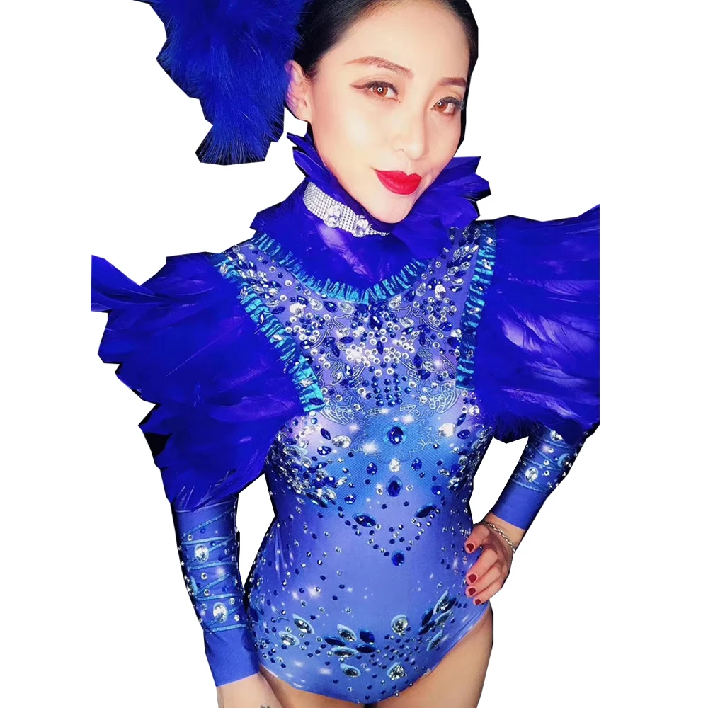 

Sparkling Rhinestones Women Bodysuits Royal Blue Feather Sknny Elastic Jumpsuits DJ Singer Dance Stage Wear Nightclub Costumes