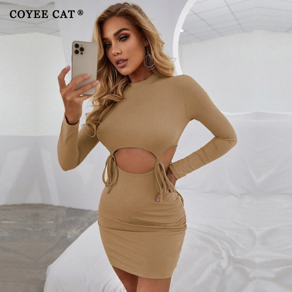 

CoyeeCat Sexy Women Autumn Elegant Knitted Dress Khaki Hollow Out Waist Long Sleeve Bandage Solid Bodycon Slim Pullover Dress