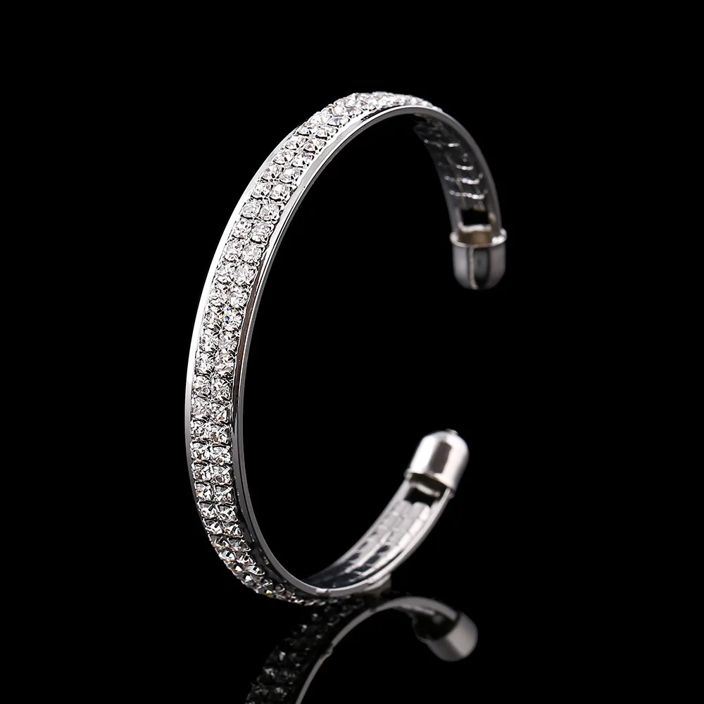 

Fashion Women 2-Row Crystal Gold Sliver Adjustable Open Bracelet Simple Luxury Shinning Office OL Ladies Bangle Jewelry
