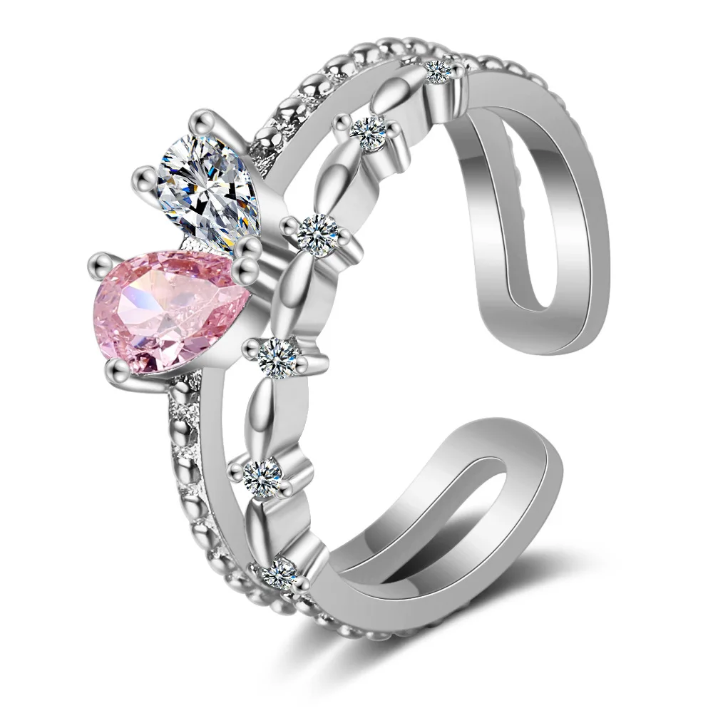 

Pink Heart Double Adjustable 925 Sterling Silver Ring For Women Cubic Zirconia Eternity Promise Wedding Stackable Jewelry Gifts