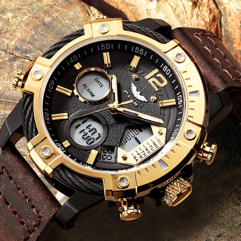 

FEICE Dropshipping High Quality Popular Calendar Mens Leather Watch Double Display Men's Chronograph Analog Quartz Watch