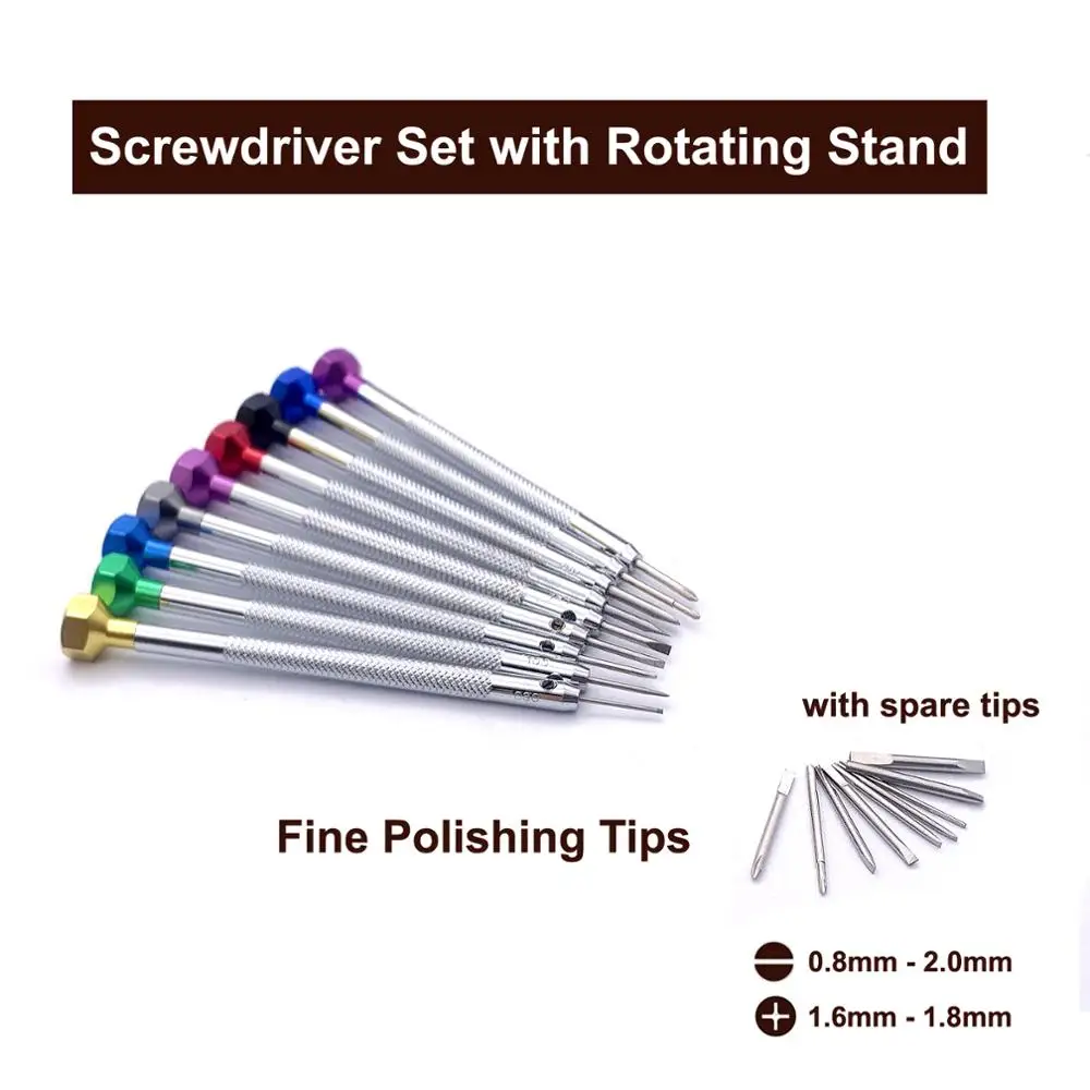 Watch Repair  9 pcs Screwdriver Set  with Rotating Stand and Replacing Tips Flat Head and Phillips Head Watch Tool Kits