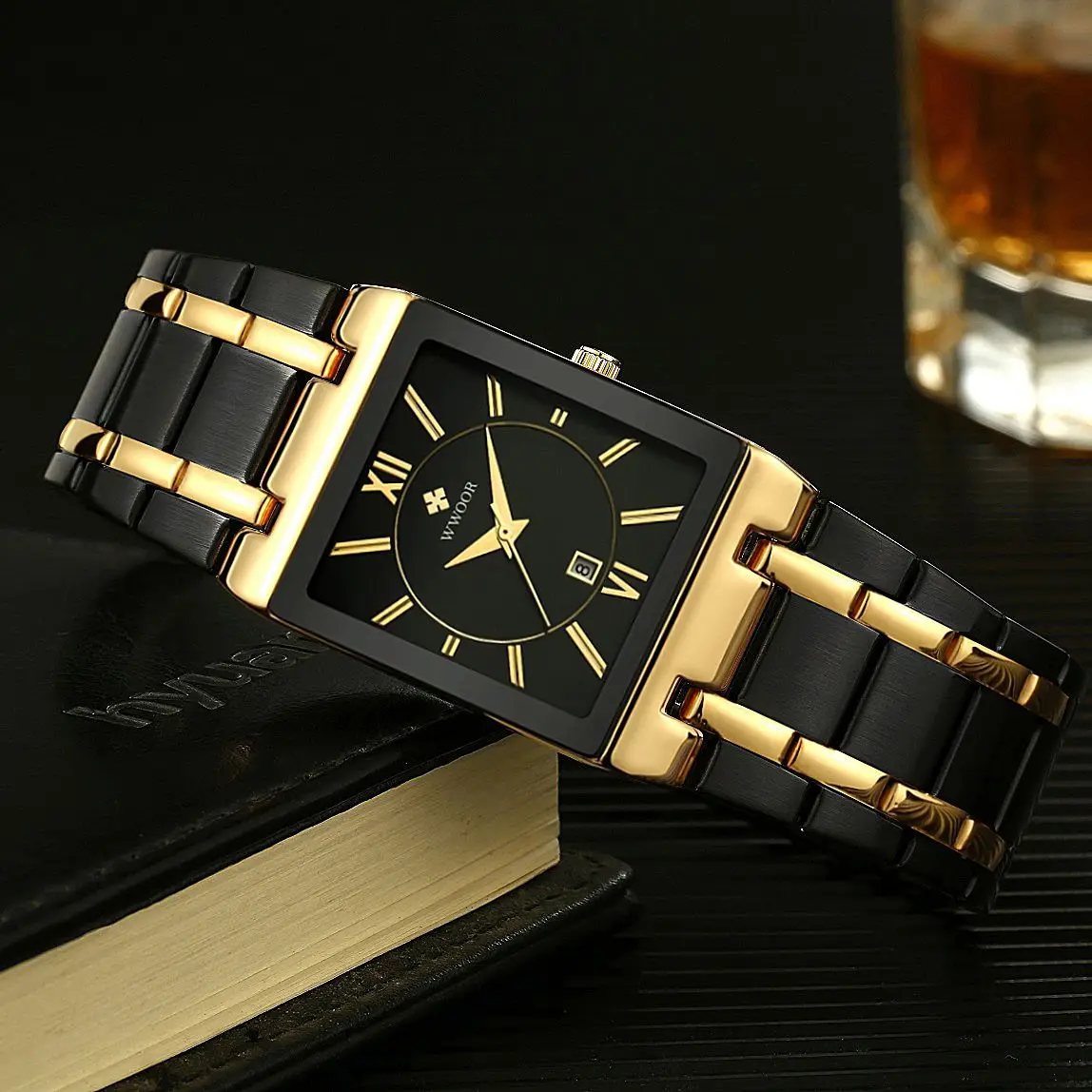 WWOOR Brand Luxury Gold Bracelet Men's Watches Fashion Square Quartz Wrist Watch For Men Stainless Steel Waterproof Reloj Hombre