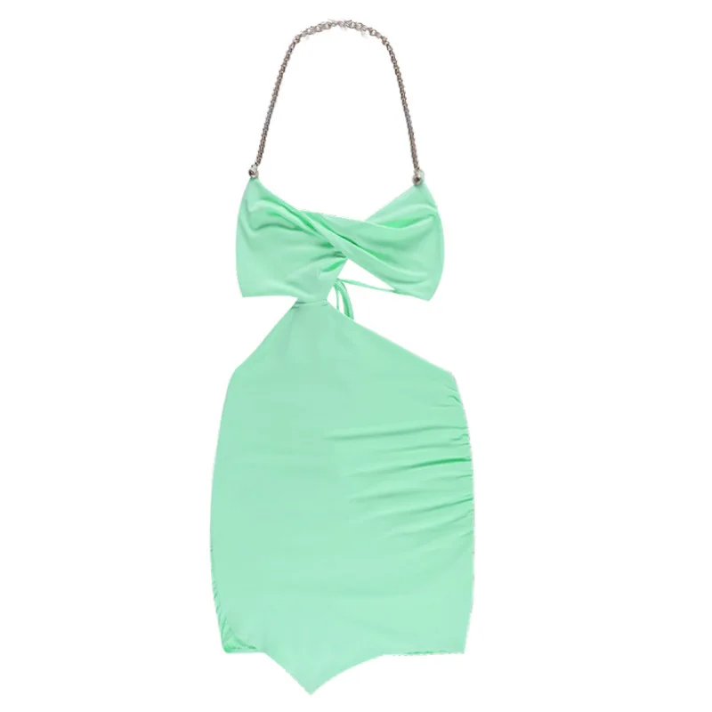 

Women's summer new sexy twisted hollow halter chain halter dress female fashion personality to wear street party skirts