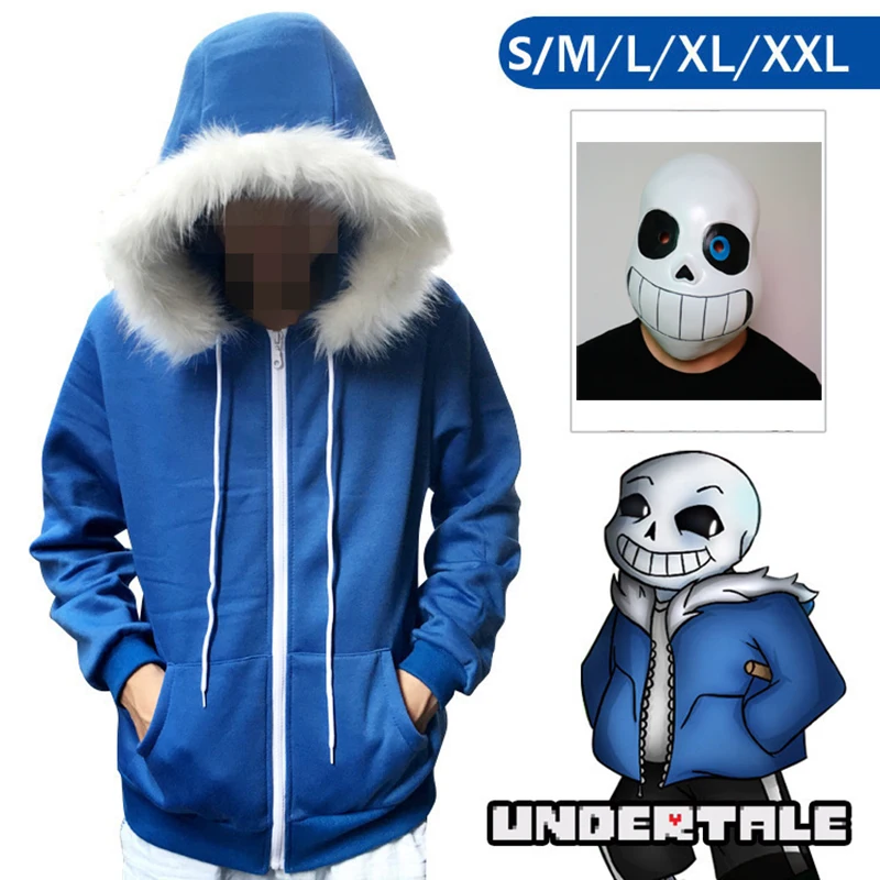 

Толстовки для косплея Undertale Sans, латексная маска, крутая, скелет, Cos, голубое пальто, костюм для косплея на Хэллоуин, унисекс, куртка, головной у...
