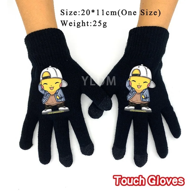 Вязаные перчатки с аниме покемоном Пикачу черные шерстяные мужские и женские