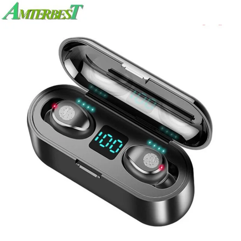 AMTERBEST F9 мини 5D стерео звук беспроводные Bluetooth наушники IPX6 водонепроницаемые спортивные наушники с 3500mA блок зарядного устройства