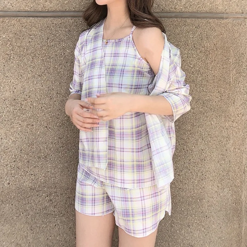 

New Pajamas Set Women Suspender Top Shorts Three-Piece Suit Sleepwear Casual Comfort Pijamas Loose Cool Pyjamas Soft Home Suit